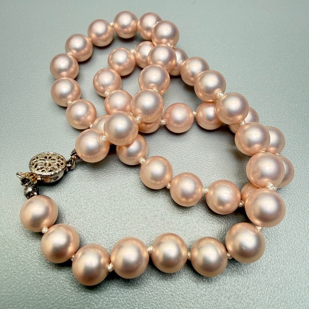 Vintage Pink Faux Pearl Strand Necklace 15" Gray Undertones High Luster